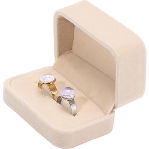 Beebeecraft 2Pcs Velvet Couple Ring Boxes 2x3x1.6 Inch Small Rectangle Classic Beige Antique White Ring Boxes 2 Slots Double Earring Holder Storage Case for Proposal Engagement Wedding Ceremony Gifts