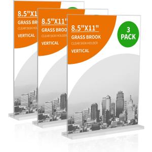 3 Pack 8.5x11 Clear Acrylic Sign Holder, Clear Display, Stand By Straight or Tilted, Vertical Double-Sided Desktop Picture Frame, Menu Holder, Certificate Frame