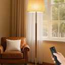 JOOFO Mid-Century Modern Wood Floor Lamp with Dual Fabric Shade, Remote Control, Dimmable & Adjustable Color Temperature, Reading & Living Room Lamp, Easy Clean Cover, Foot Switch,Walnut Wood