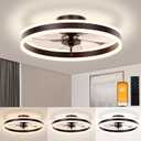 VOLISUN Low Profile Ceiling Fans with Lights and Remote, 19.7in Flush Mount Ceiling Fans with Light, 3000K-6500K Dimmable Fandelier LED Fan Light, Brown Bladeless Ceiling Fans with Lights for Bedroom