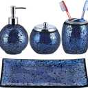 4 Pcs Mosaic Glass Bathroom Accessories Set, Modern Luxury Bath Ensemble, Includes Soap Dispenser, Cotton Swab Jar, Toothbrush Holder, Vanity Tray (Shiny Blue)