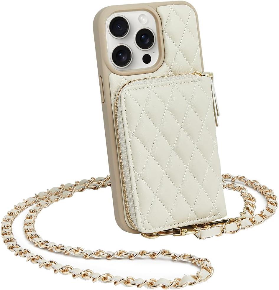 LAMEEKU for iPhone 15 Pro Wallet Case, Crossbody Case with Card Holder Quilted Leather Zipper Purse, Wrist Strap Lanyard Chain Cover for Women for iPhone 15 Pro 6.1" Beige