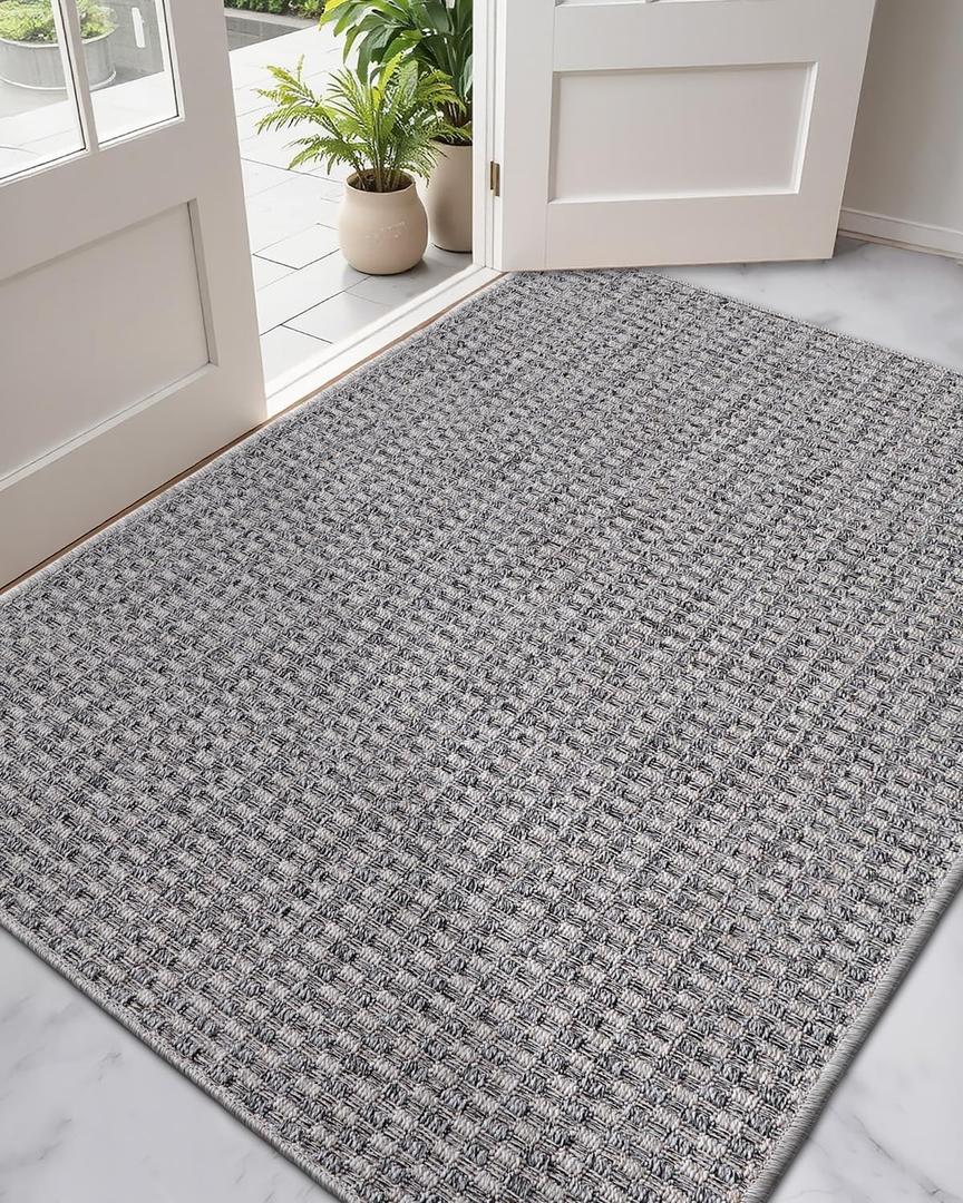 DEXI Dirt Trapper Door Mat, 31x48 Washable Doormat, Dirt Resistant and Absorbent, Easy Clean Low-Profile Floor Rugs for Entryway, Front Door, and Inside Entrance, Checkered Grey