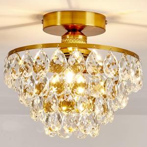 YYJLX Modern E26 Small Crystal Chandelier Semi Flush Mount Ceiling Light Fixture Gold Ceiling Lamp for Hallway Bedroom Bathroom Closet Bedroom Foyer, Gold, Small