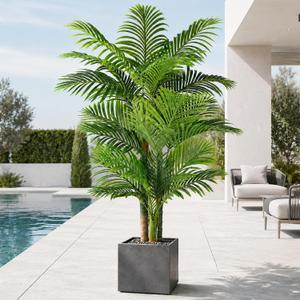 6ft Tall Triple Golden Cane Palm Artificial Tree Large Tropical Palm Tree UV Resistant Fake Plant in Pot for Indoor Outdoor Big House Living Room Outside Patio Office Home Decor, Pack of 1