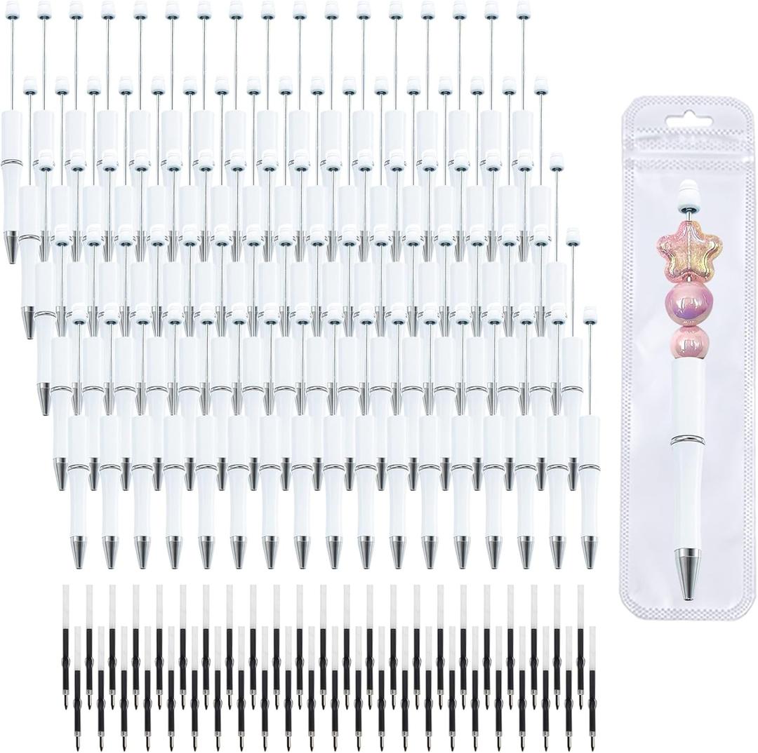 210 Pieces DIY Beadable Pen Bulk Kit  70PCS Ballpoint Pen with Refills & Bags  Perfect for Beads Pens Supplies, Beaded Pens for DIY Crafting  Office Supplies & Teacher Accessories (White)