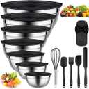 Leidawn Mixing Bowls with Lids set - 25 PCS Stainless Steel Nesting Black Mixing Bowls Set for Baking, Mixing, Serving & Prepping, Size 5, 3.7, 2.8, 2.3, 1.7, 1.1, 0.7QT, 11 Cooking Utensils