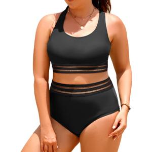Aqua Eve Plus Size Two Piece High Waisted Bikini Swimsuits Scoop Neck Bikini Set Sporty Bathing Suits (Black Weave) 20W