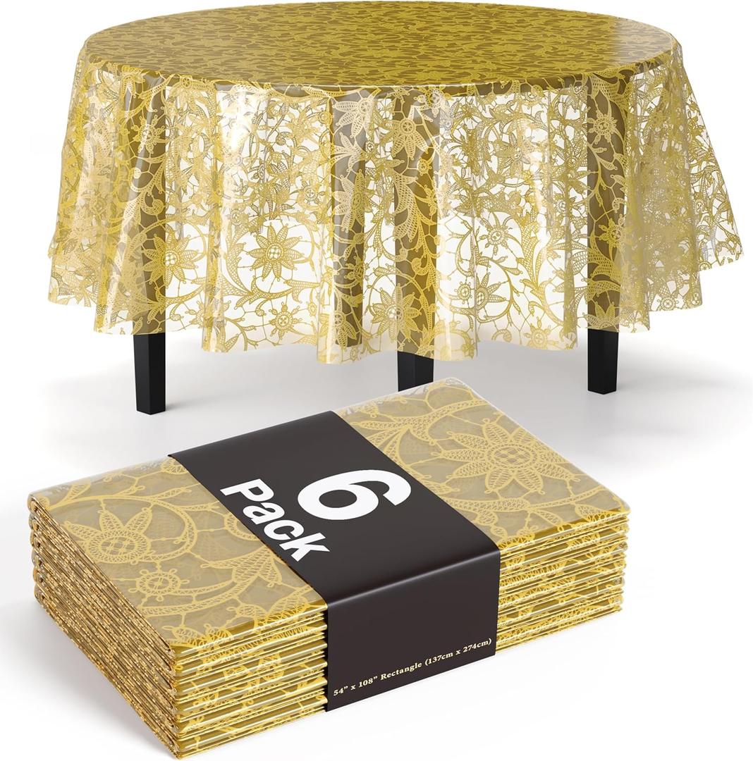 Exquisite Lace Table Cloth Round Table Plastic 6-Pack Lace Tablecloth Round 84" | Clear & Gold Floral Tablecloth Disposable | Wild Flower Party Decorations & Party Supplies