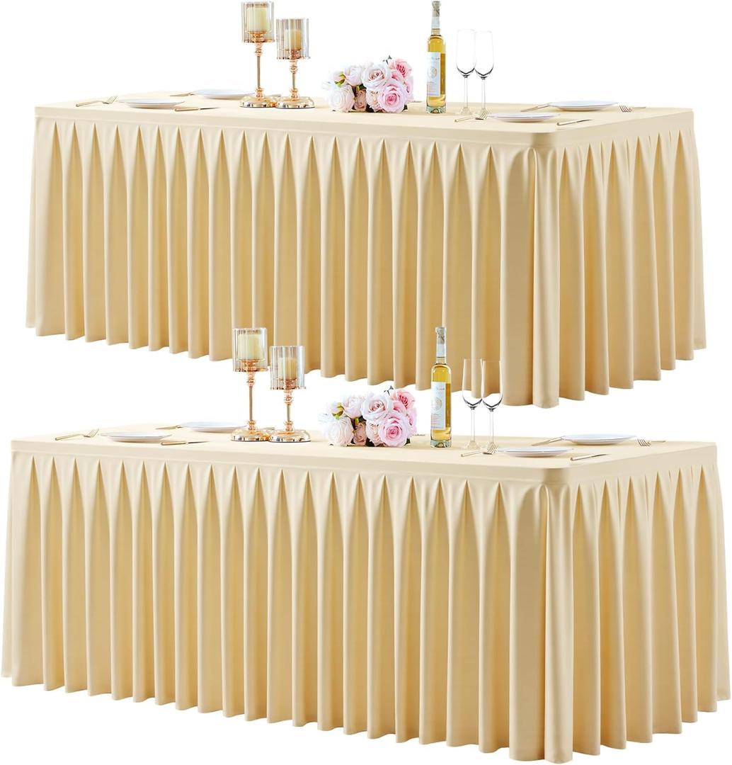2 Pack Beige Rectangle Tablecloth 6 FT Stretch Spandex Fitted Table Cloth for 6 Foot Rectangle Tables Banquet Tablecloths Wrinkle Free Table Cover Skirt Ruffle Tablecloths for Party Wedding Birthday