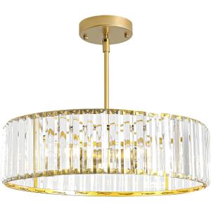 Modern Crystal Chandelier for Dining Room,16 Inch Gold Semi Flush Mount Ceiling Light Fixture,Round Kitchen Hanging Drum Pendant Lights Ceiling for Bedroom Foyer Hallway， 4-Light
