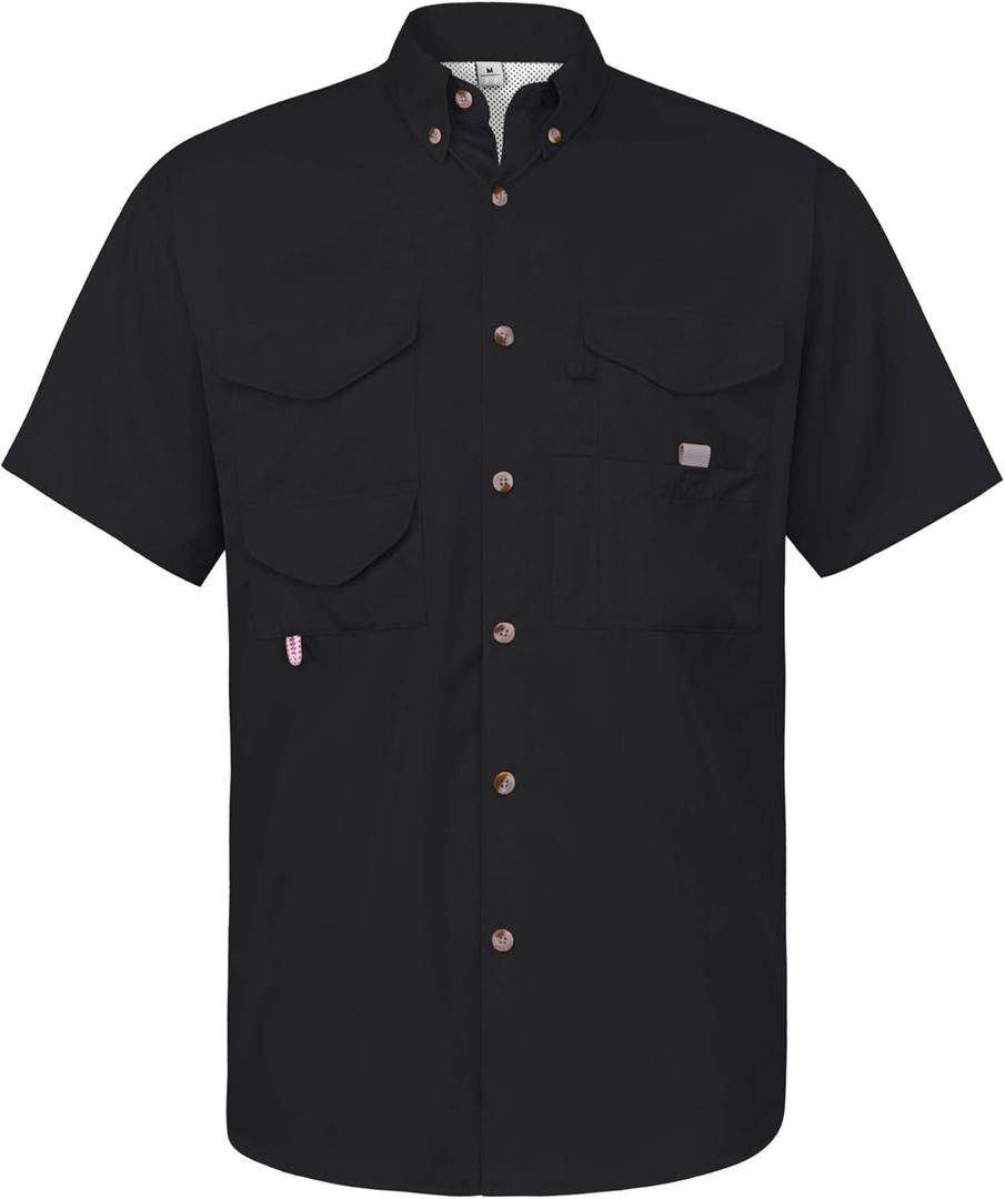 Alimens & Gentle Short Sleeve Fishing Shirt Wicking Fabric Sun Protection Casual Button Down Shirts (4X-Large, Black)