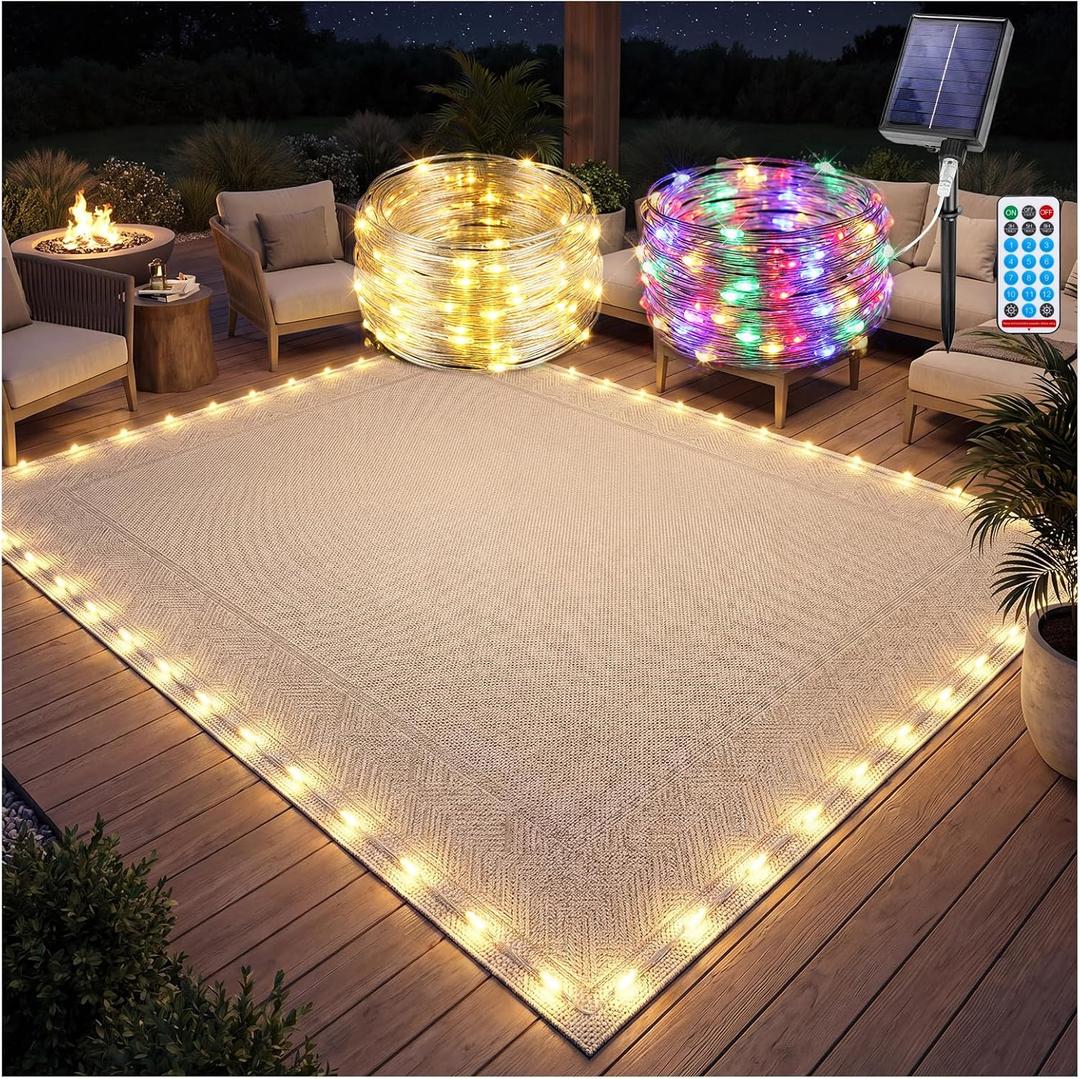 Solar Powered LED Rope Light for Outdoor Rug, 46FT Patio Floor Lights with Warm White & Multicolor for Backyard Deck Decor, Solar & USB Recharge, Remote Timer, Waterproof, 24 Rug Clips Included