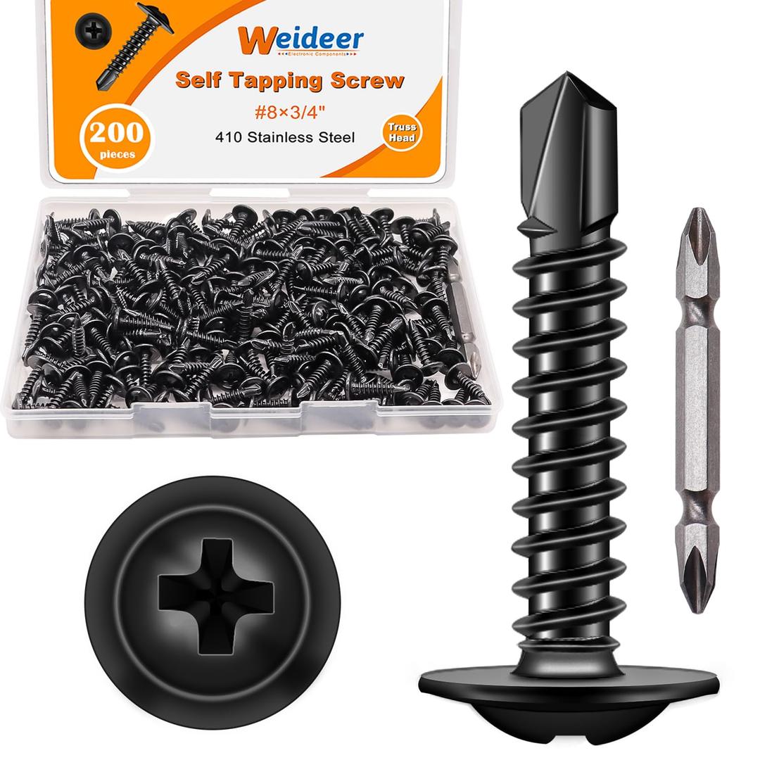 weideer 200pcs #83/4" Self Tapping Screws for Metal, Sheet Metal Screws, 410 Stainless Steel Black Oxide Truss Head Screw,Self Drilling Screws,Quick Tapping Screw with Screwdriver Bit (#8x3/4", Black)