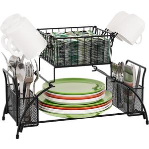 TQVAI 2 Tier Buffet Caddy Silverware Flatware Organizer with Mug Holder for Plates, Utensils, Napkins - Ideal for Kitchen, Dining, Entertaining, Parties, Picnics, Black