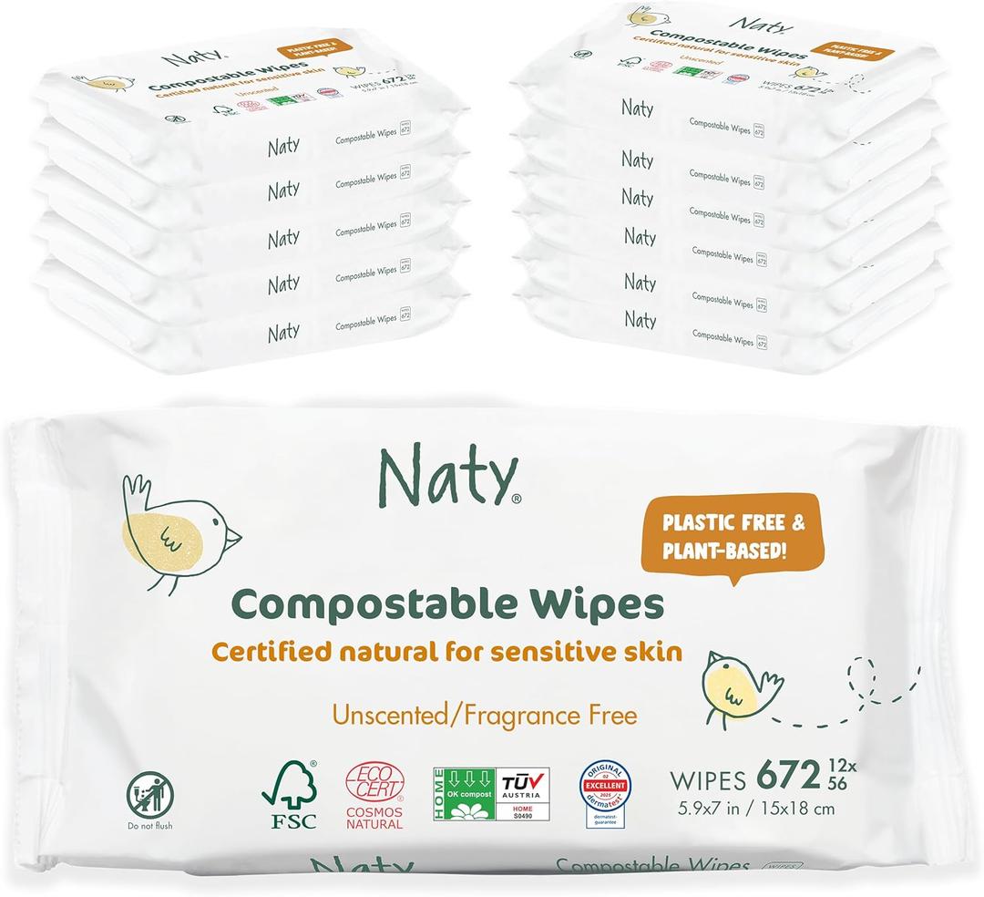 Eco by Naty Unscented Baby Plant based Compostable Wipes, 0% plastic, No nasty chemicals, White, 672 Count (56 Count (Pack of 12))