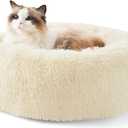 Bedsure Calming Cat Beds for Indoor Cats - Small Cat Bed Washable 20 inches, Anti-Slip Round Fluffy Plush Faux Fur Pet Bed, Fits up to 15 lbs Pets, Cream