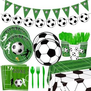 172pcs Soccer Theme Party Supplies Set, Plates, Cups, Napkins, Tablecloth and Banner, Sports Birthday Decorations for 24 Guests
