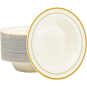 50 Pack Ivory Gold Plastic Bowls, 12oz Gold Rim Fancy Disposable Soup Bowl Heavy-Duty Serving Dessert/Salad Bowls for Party, Birthday