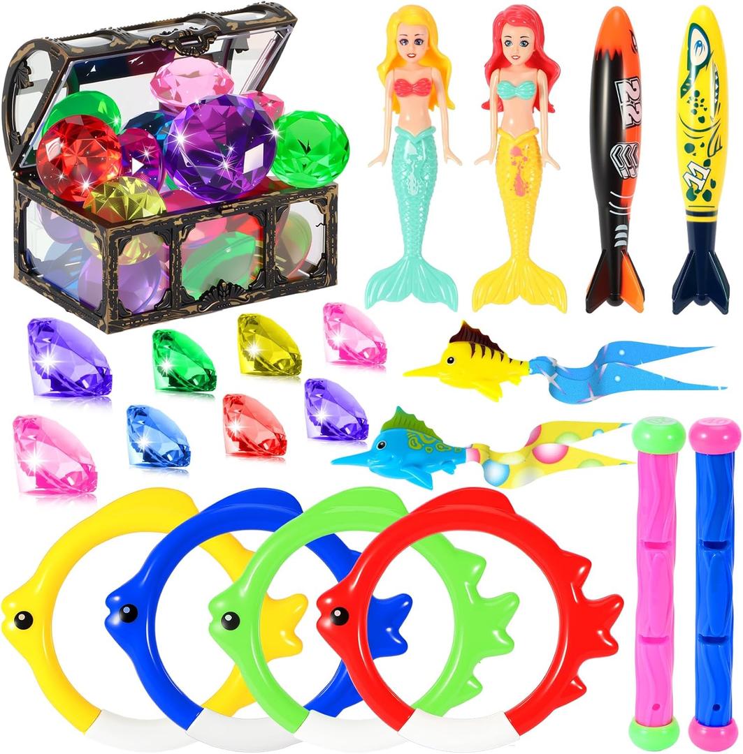 VGOFUN Diving Pool Toys for Kids Ages 3-12, Swimming Pool Toys Water Sinking Toys with Diving Gem Pirate Treasure Chest, Mermaid Toys, Dive Rings Sticks Torpedo Storage Bag for Summer Party Favor