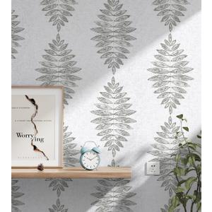 Guvana 17.3"x 394" Grey Wallpaper Vintage Peel and Stick Wallpaper Gray Leaf Pattern Contact Paper Self Adhesive DIY Removable Textured Wall Paper for Accent Wall Cabinets Decor