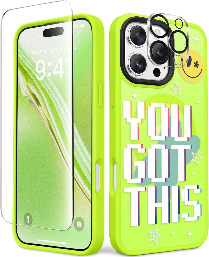 4 x GVIEWIN Magnetic for iPhone 16 Pro Max Case Compatible with Magsafe, [Screen & Camera Lens Protector] Fashion Pattern Translucent Shockproof Phone Cover for 16 Pro Max 6.9" (You Got This/Green)