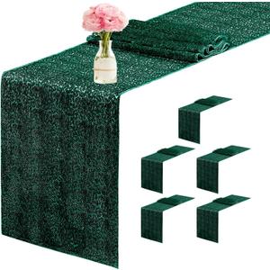 6 Packs 12 x 72 inches Sequin Table Runner, Hunter Green Glitter Table Runner for Birthday Party Supplies Wedding Engagement Baby Shower Holiday Celebration Event Decorations