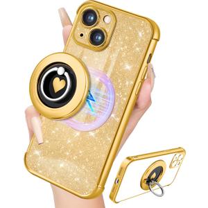 for iPhone 15 Plus Case - Women Glitter Bling Compatible with MagSafe Ring Stand Magnetic Phone Case Cute Girly Sparkly Luxury Elegant Girls Aesthetic for Apple 15 Plus Cases - Gold (Shine Glod)