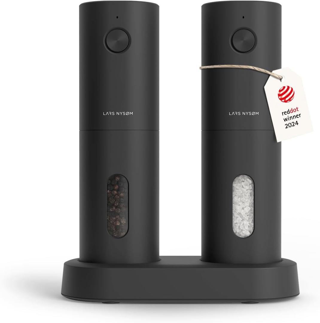 LARS NYSM Electric Salt and Pepper Grinder Set, USB Rechargeable, Automatic Salt and Pepper Mills, Spice Shakers Refillable with LED Light, Adjustable Coarseness, Ceramic Grinder (Carbon Black)