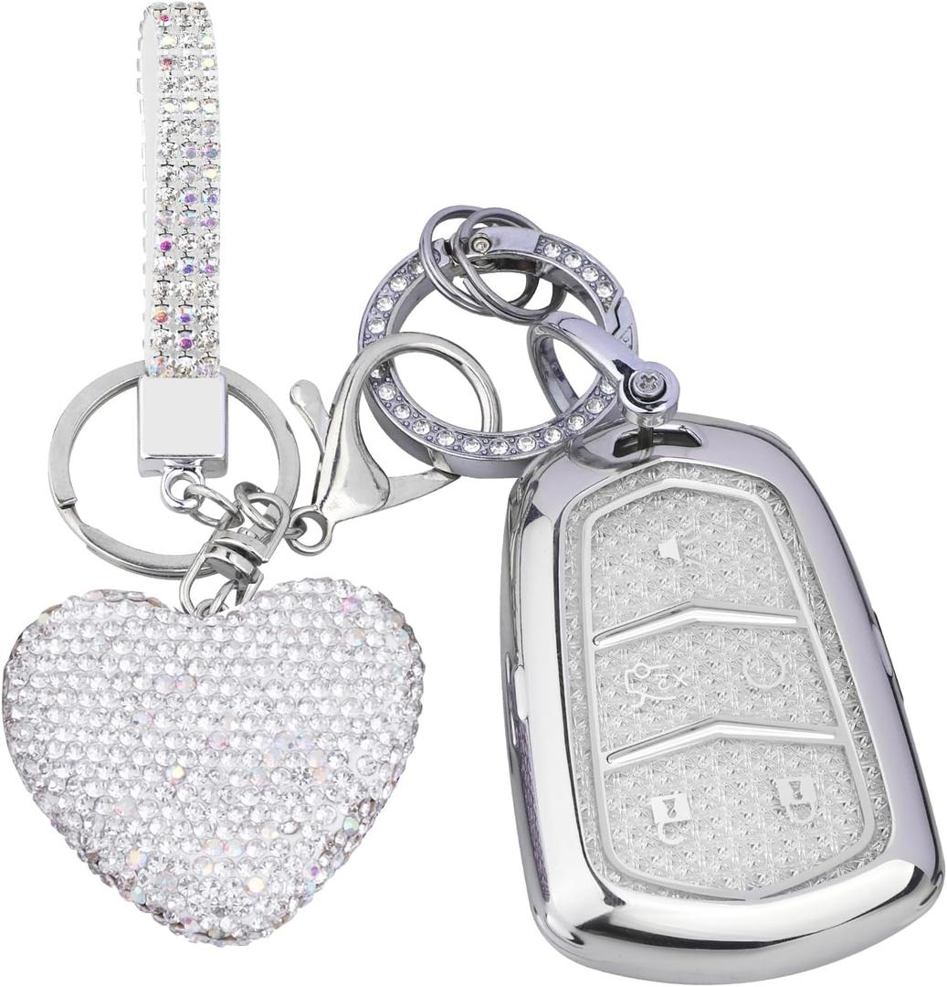 for Cadillac key fob cover with Diamond Heart Keychain