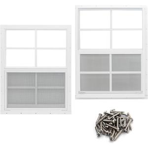 NeatiEase 2 Pack Shed Window, 18" x 23" Flush Mount Window with Tempered Glass and Fiberglass Screen for Shed, Chicken Coop, Playhouse, Household, Garage (White)