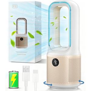 Small Bladeless Desk Fan Quiet, 14 Inch USB Rechargeable Table Fan with 5000mAh Battery, 60 Oscillating 9 Speeds Touch Control, 3 Light Modes, Mini Portable Fan for Office Bedroom Living Room