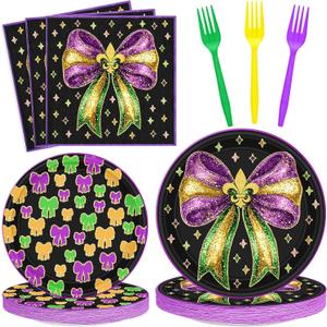Havawish 96 Pcs Mardi Gras Party Supply Coquette Mardi Gras Plates and Napkins Gold Purple Bow Disposable Paper Plates Carnival Party Decoration for Birthday Baby Shower Tableware for 24 Guests