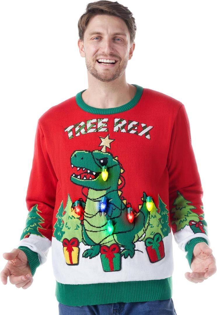 Giggling Getup Ugly Christmas Sweater with Light, LED Ugly Christmas Sweater for Women Men Kids 2025 Dinosaur(Red)