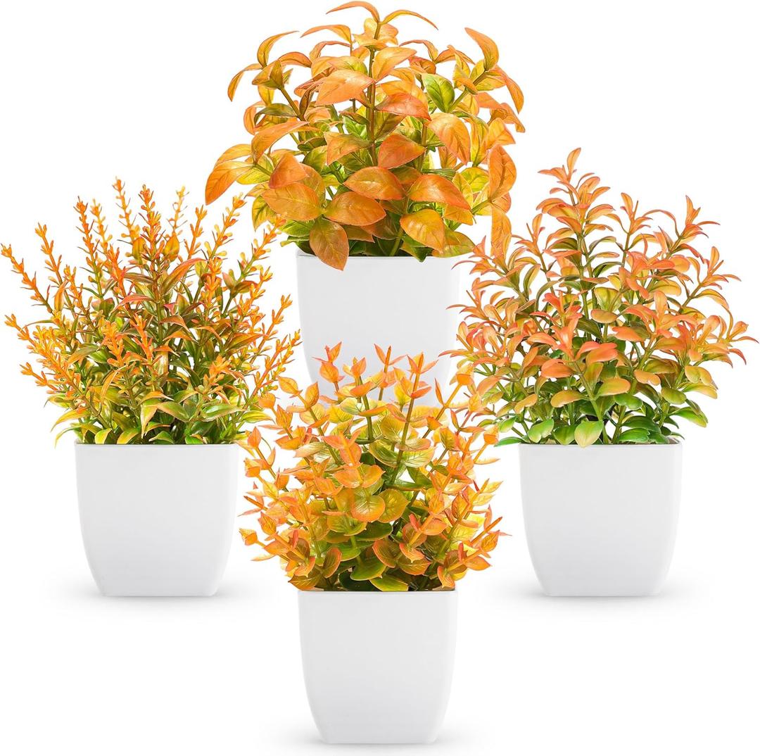 Der Rose 4 Pack Fall Fake Plants Mini Artificial Greenery Potted Plants Fall Decorations for Home Decor Indoor Office Table Room Farmhouse Bathroom Fall Decor (Orange)