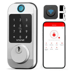 Smart WiFi Door Lock Deadbolt: SMONET Keyless Enrty Front Door Alexa Fingerprint Keypad Deadbolt Biometric Digital Electric Touchcreen Bluetooth APP Gateway Remote Control for House, Satin Nickel