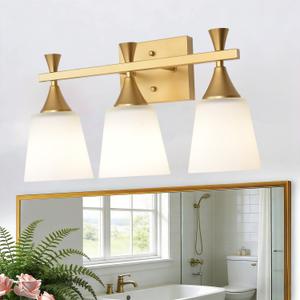 3 Light Modern Bathroom Vanity Light, Milk Glass Wall Light Fixtures Over Mirror, Brushed Gold Vanity Lighting for Bathroom, Living Room, Bedroom, E26 Base (Exclude Bulb)