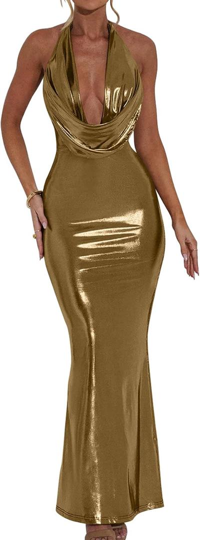 Memoriesea Women's Luxury Metallic Halter Neck Bodycon Party Evening Gown Maxi Dress (Gold), Size Small