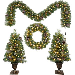 Christmas 4-Piece Set Wreaths and Wreaths Battery Box Powered LED Lights, Set of 2 Entrance Trees, White Lights, Green
