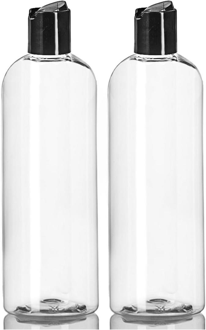 ljdeals 16 oz Clear Plastic Empty Bottles with Black Disc Top Caps, Squeezable Refillable Containers for Shampoo, Lotions, Cream and More Pack of 2, BPA Free, Made in USA
