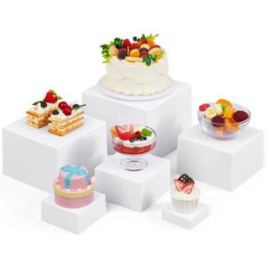 Leinuosen 6 Pcs Clear Acrylic Buffet Risers Stands for Food Display Cubes Box, 3 to 8 Inch Square Catering Table Dessert Decor for Wedding Brunch Setup Party Jewelry Collectible, Hollow Bottom (White)