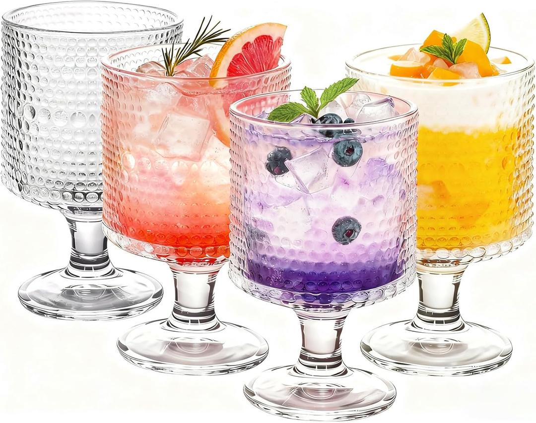 4 Pack Vintage Goblet Glasses, Hobnail Drinking Glassware, 8 oz Vintage Wine Glasses for Cocktail, Whiskey, Beer, Juice