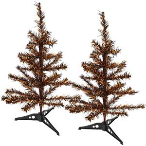 (2) Halloween Artificial Mini Trees with Stand, 18 Inches Orange and Black Tinsel Branches Sturdy Base Spooky Indoor Decoration Haunted House Props Tabletop Accents Party Decor Creepy Display