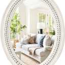 H HOMEWINS Oval Mirrors for Wall,20x30 Oval Wooden Rustic Farmhouse White Beads Boho Decorative Mirror for Bedroom, Bathroom, Living Room,Vanity