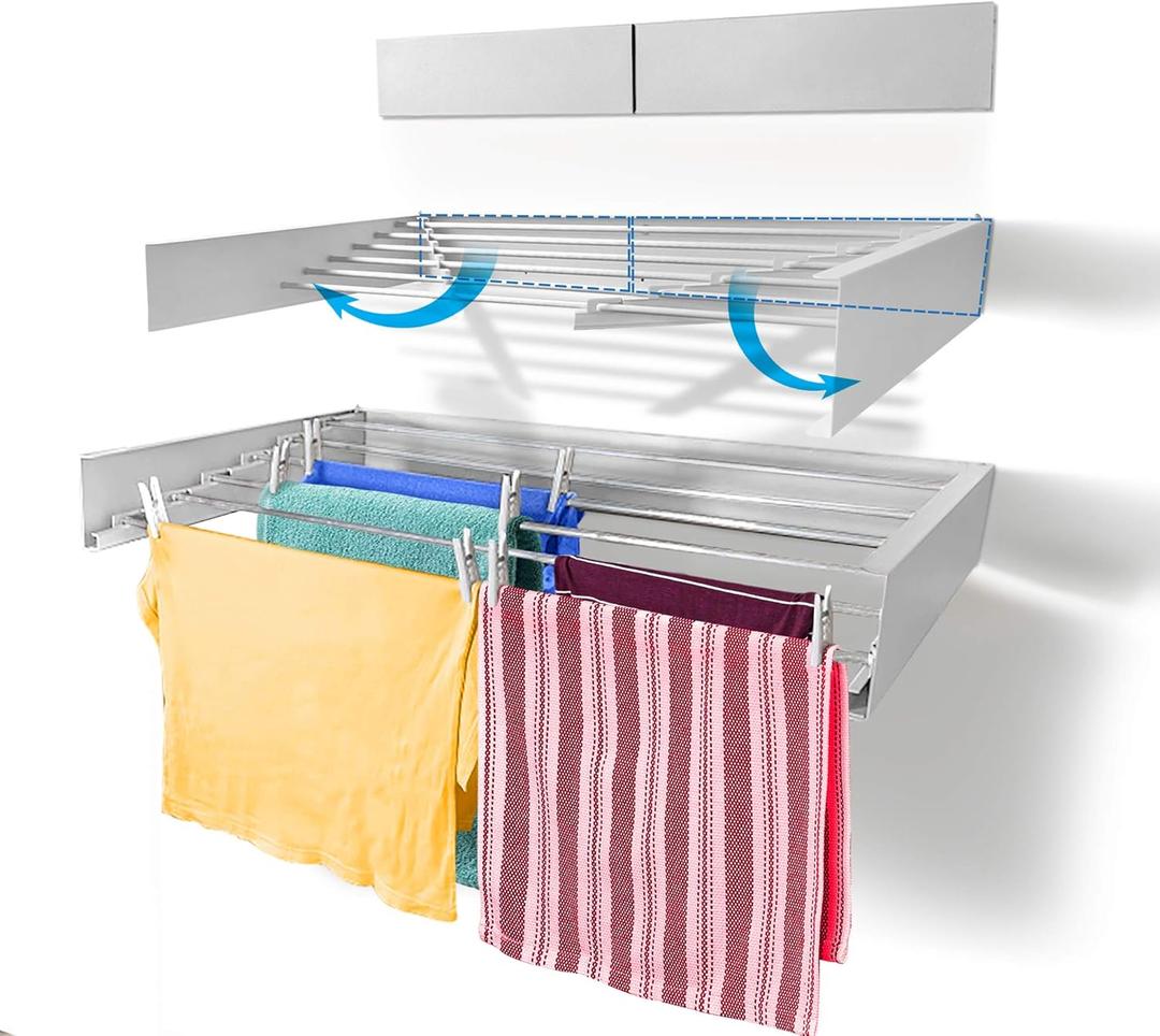 Step Up Laundry Drying Rack, Wall Mounted, Retractable Clothes Drying Rack, 60lbs Capacity, 20 Linear Ft, with Wall Template and Long Screwdriver Bit (40" White) Step Up Laundry Drying Rack, Wall Mounted, Retractable Clothes Drying Rack, 60lbs Capacity, 20 Linear Ft, with Wall Template and Long Screwdriver Bit (40" White)