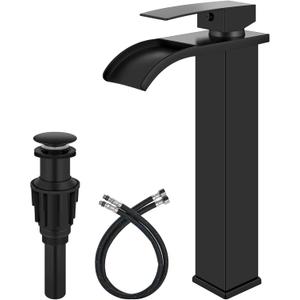 Vessel Sink Faucet Waterfall Tall Bathroom Faucet Single Handle,Single Hole Lavatory Vanity Mixer Tap with Pop Up Drain and Supply Lines,Matte Black