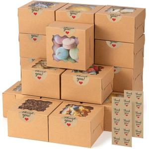 50pcs Brown Cookie Boxes with Window, 4x4x2.5 Inches Small Treat Boxes, Kraft Grease-proof Film Paper Bakery Boxes, Pastry Boxes for Dessert, Strawberries, Cupcake, Gift Giving