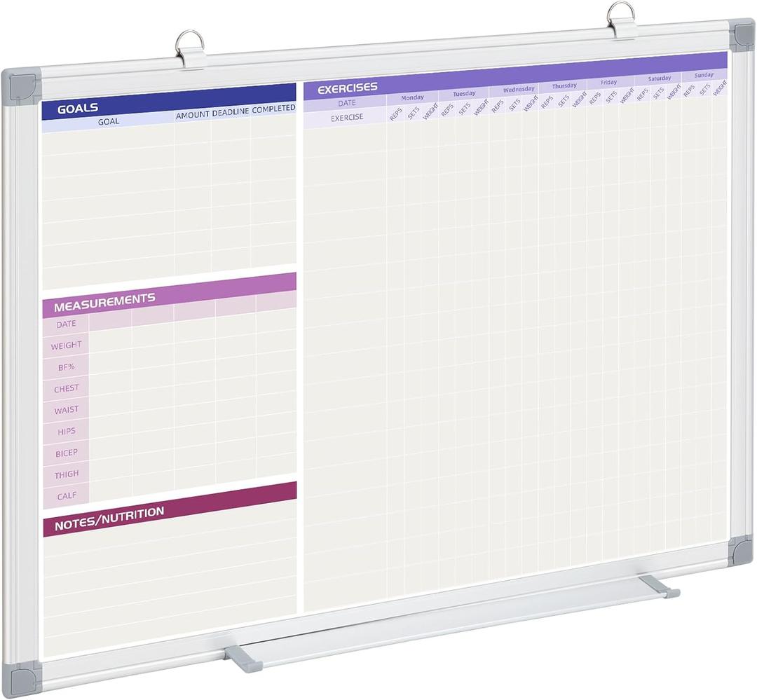 Fitness Tracker Magnetic Dry Erase Board for Wall,24 x 18 Inch Workout Calendar Plan Hanging Removable with Aluminum Frame for Gym Exercise Schedules and Checklists
