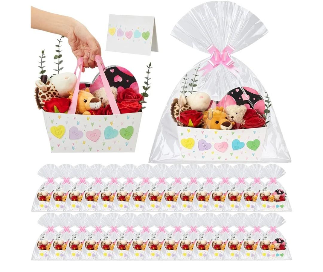 Kolldenn 24 Set Valentine's Day Empty Gift Basket to Fill Colorful Conversation Heart Bouquet Box with Handles Pull Bows Cellophane Bags and Card for Valentine Party Favor Supplies, 9.8 x 6.5 Inch