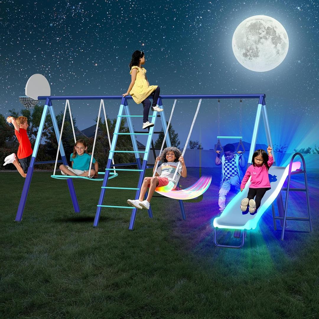 Sportspower Ramona Metal Swing Set 7-in 1: 3 Swings, Climbing Ladder and net, Basketball Hoop, and 5-ft Blow Molded Slide, 700lb Capacity, Yellow & Blue, Bonus Anchor kit Included